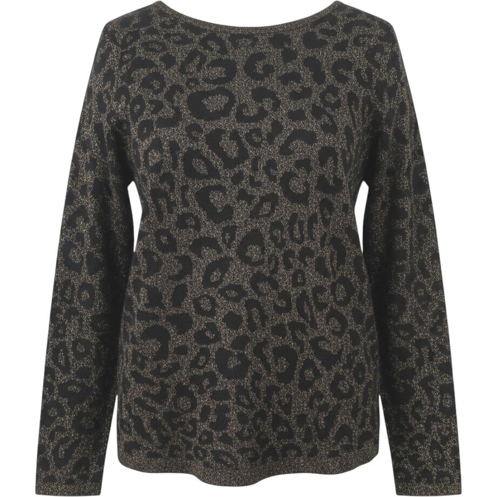 Chico's Black Gold Metallic Scoop Wool Blend Boxy Animal Print Sweater Size 2 L